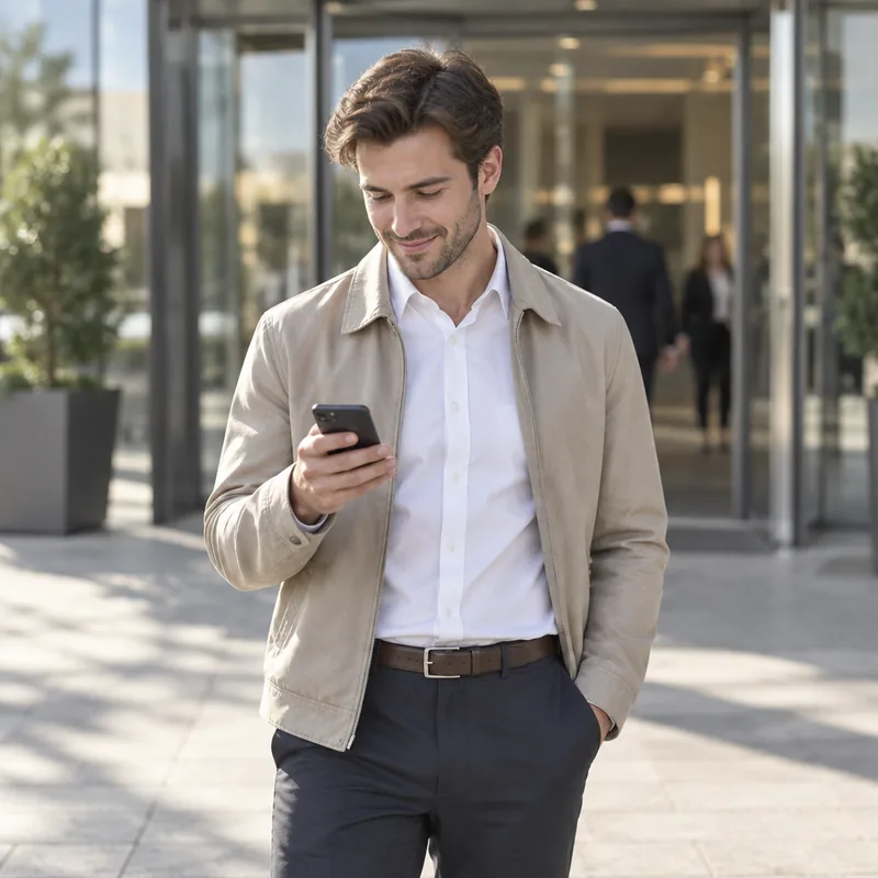 A man stepping out of an office building after an interview, reading a message on his phone